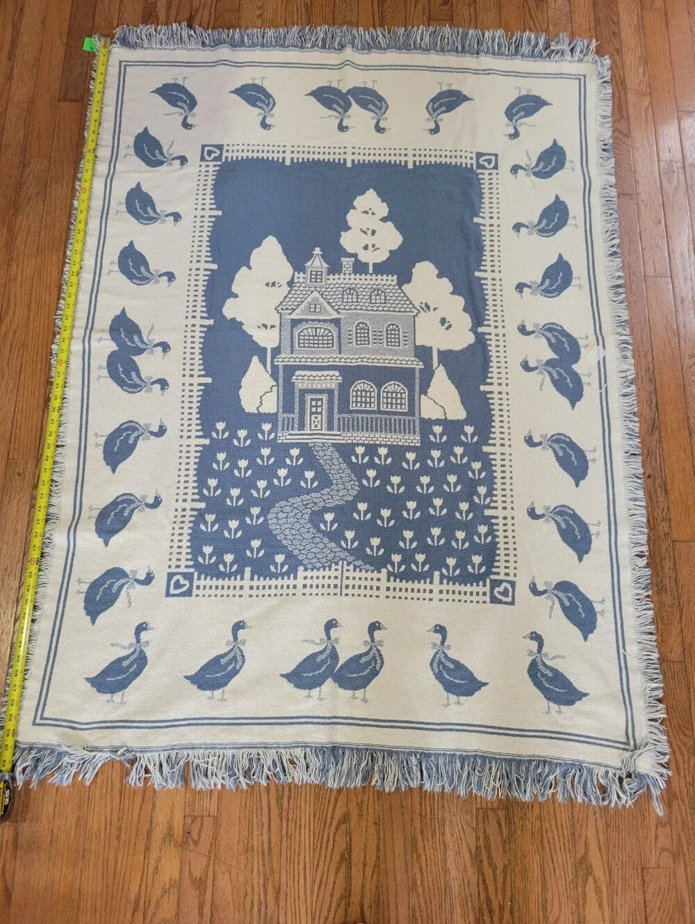 Vtg Woven Tapestry Throw Blanket Country Geese House Cottagecore Blue 48x62